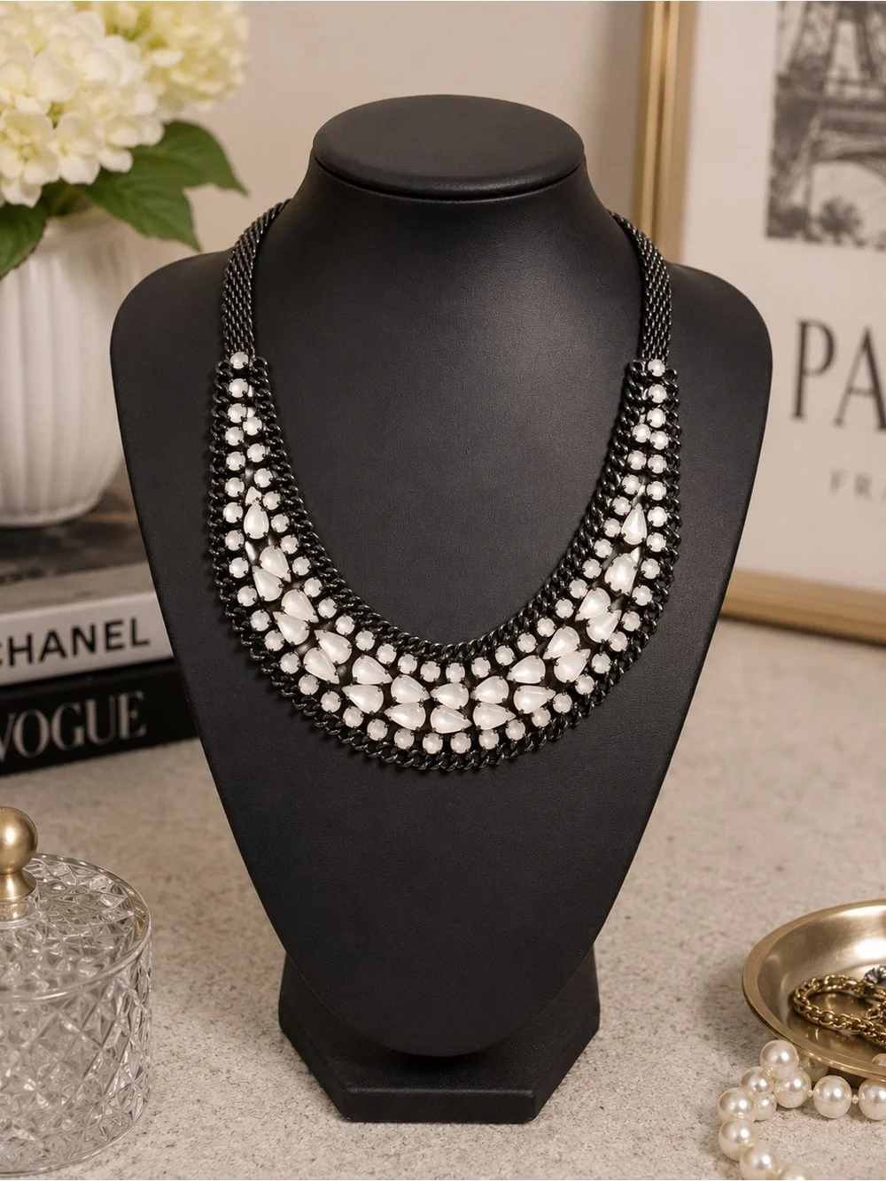 Statement Bib Necklace Black Pewter Pearlescent White Stone Adjustable